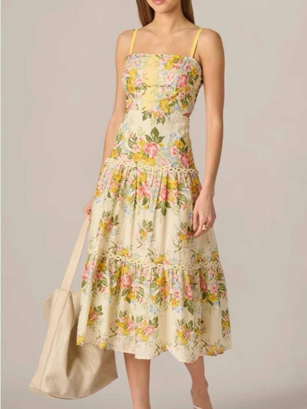 Adrianna Papell Cream Midi Dress with Pink & Yellow Floral Print - Picture 5 of 8
